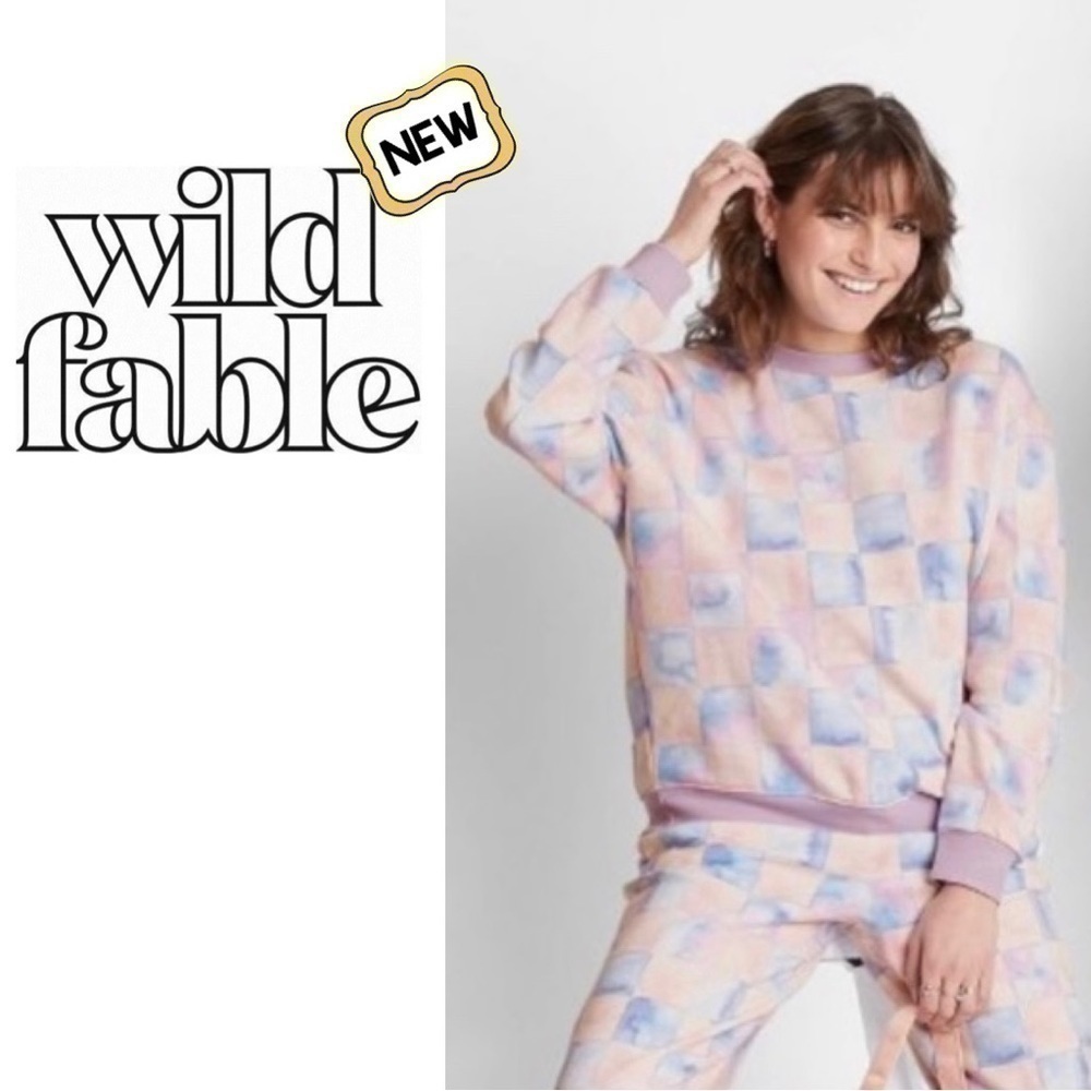 New WILD FABLE Oversize Checkered Sweatshirt Pink l Athleisure Whimsical Wmn S